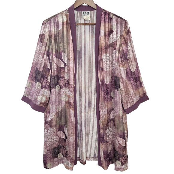 R&M Richards Tops - R&M Richards Open Front Floral Duster Size 10 Purple Semi Sheer Metallic Trim